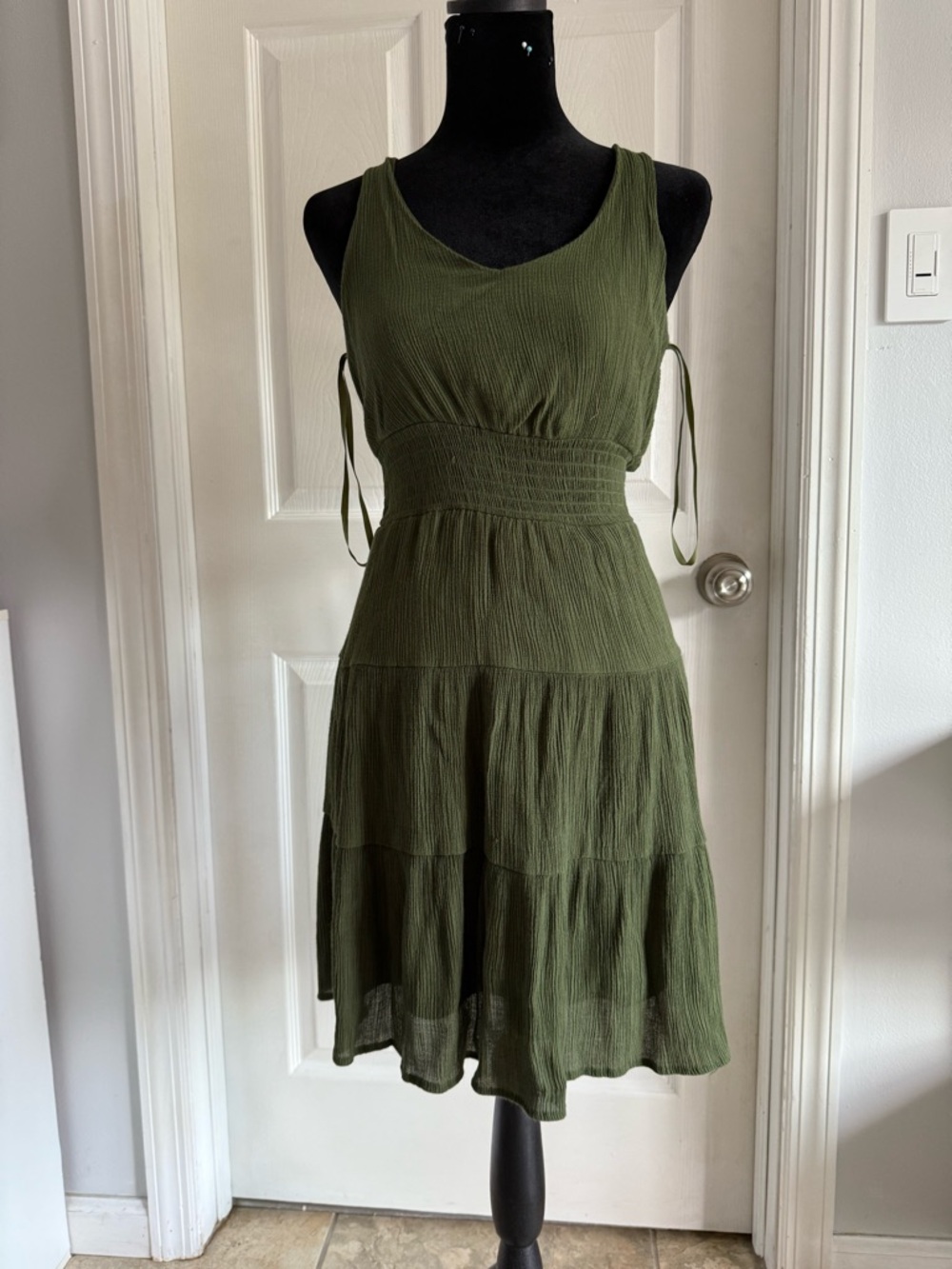 Cowgirl or festival dress Olive Green Tiered and lined Midi with cinched Waist